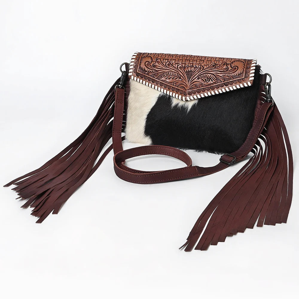 Hair-On Cowhide Hand Tooled Fringe Crossbody