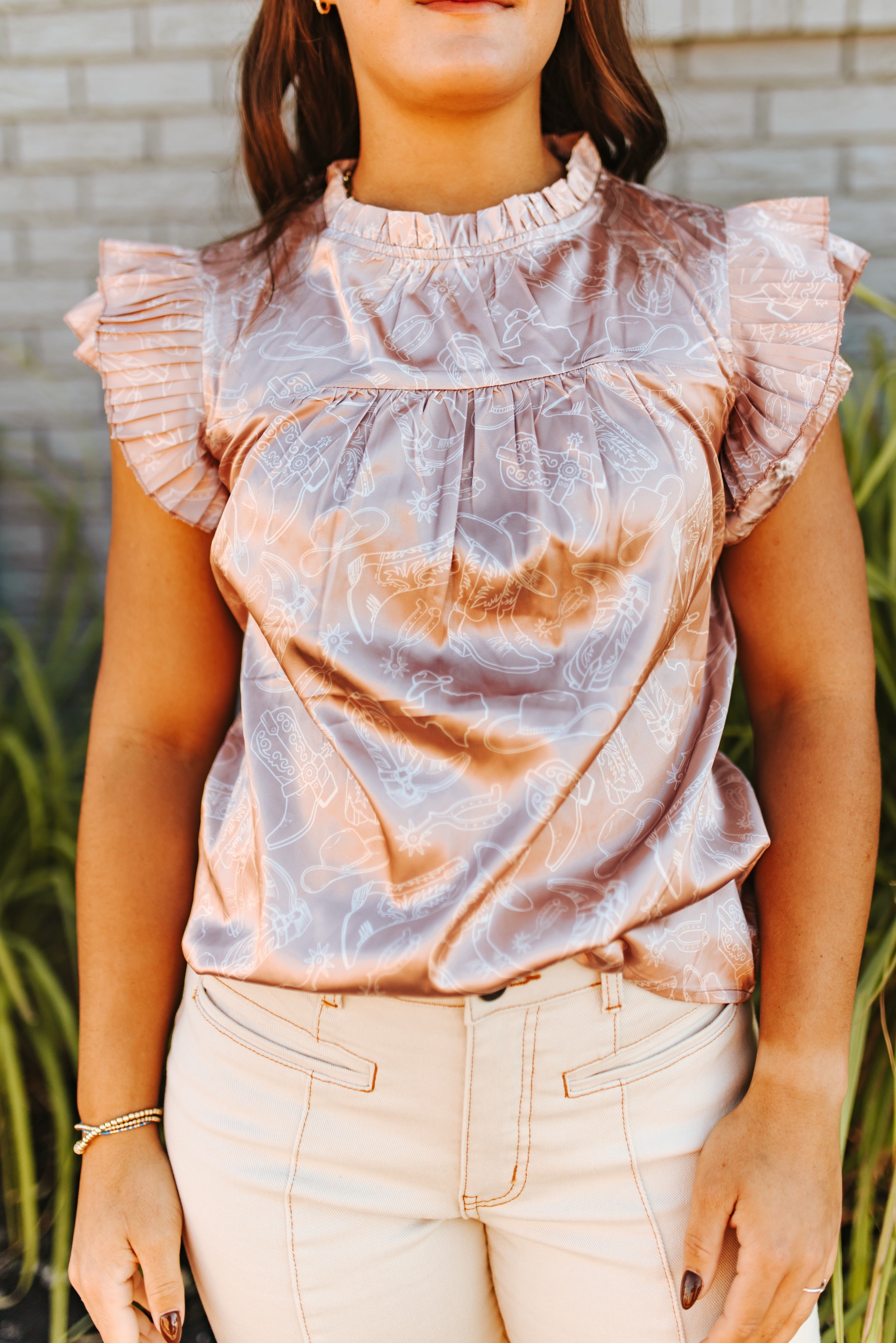 Satin Western Rose Flutter Top