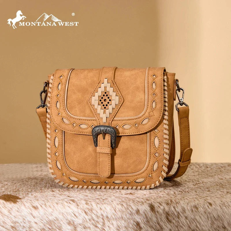 Montana West Brown Aztec Stitched Crossbody Purse