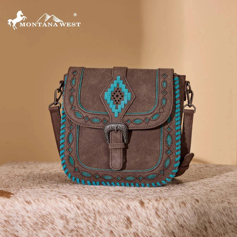 Montana West Chocolate Aztec Stitched Crossbody Purse