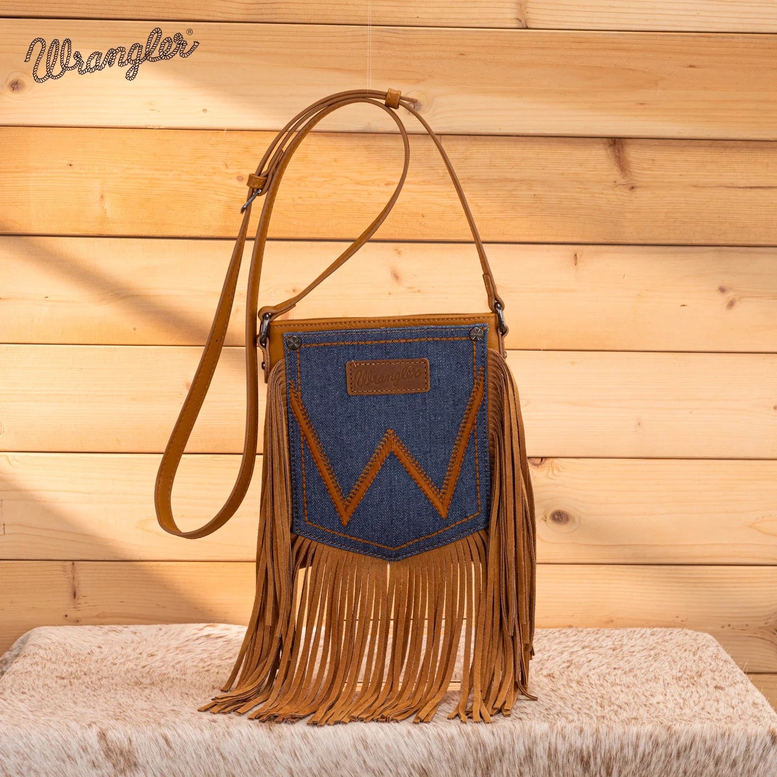 Wrangler Brown Denim Stitched Fringe Crossbody