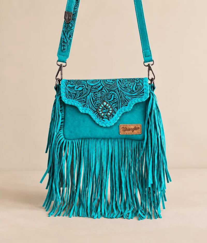 Wrangler Turquoise Embossed Fringe Crossbody Purse