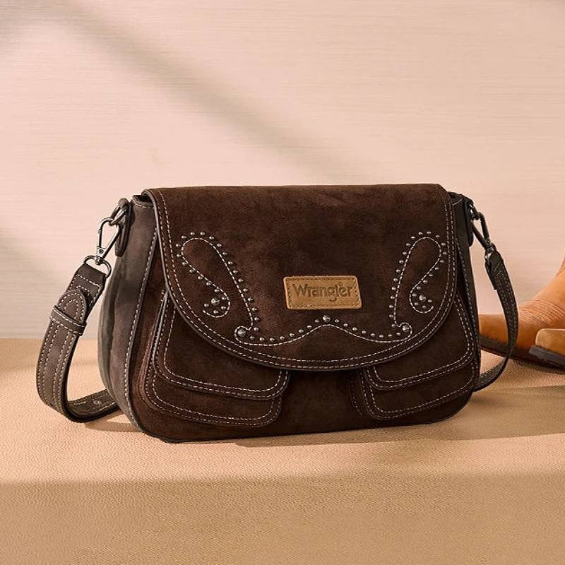 Wrangler Chocolate Suede Studded Crossbody Purse