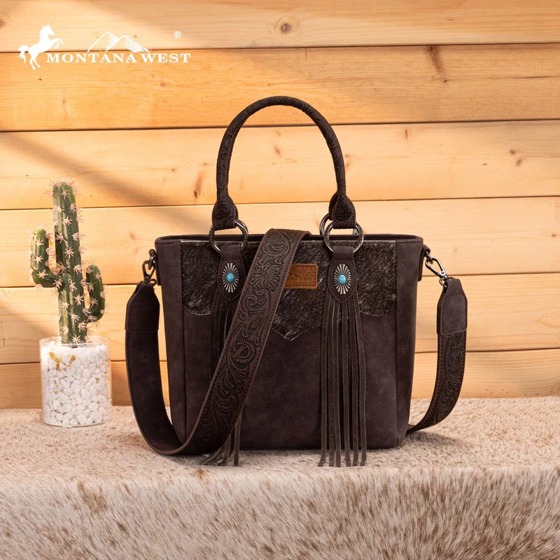 Montana West Chocolate Embossed Cowhide Tote Crossbody
