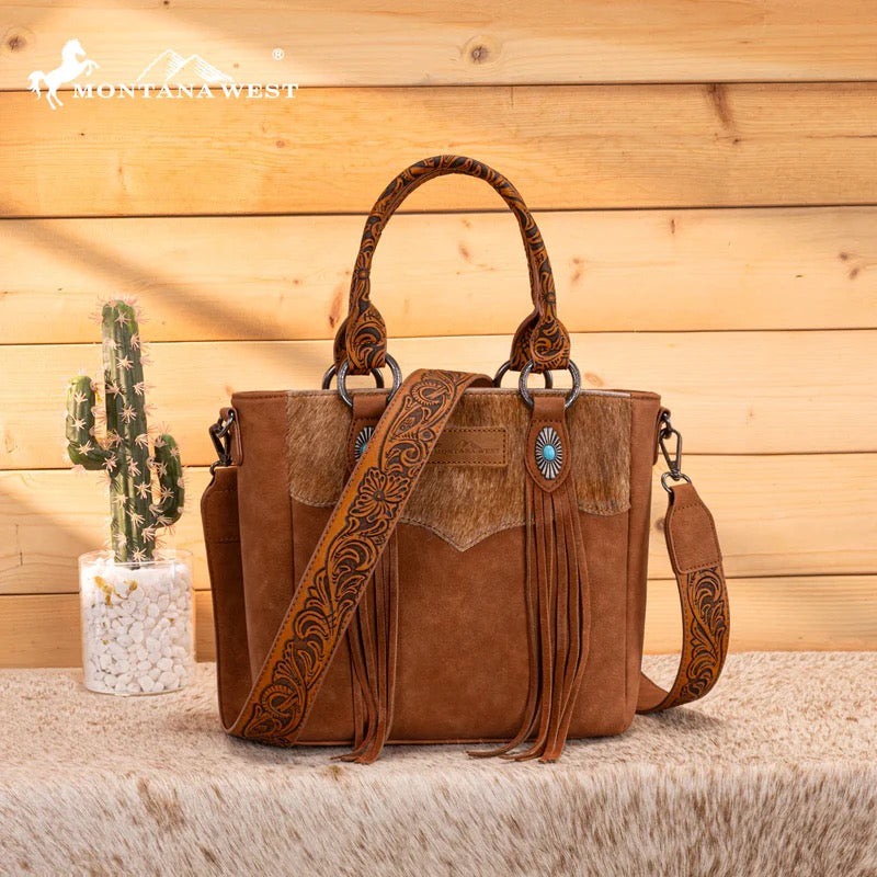 Montana West Brown Embossed Cowhide Tote Crossbody