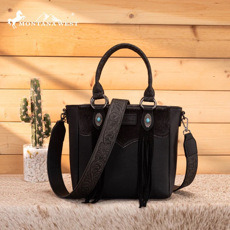 Montana West Black Embossed Cowhide Tote Crossbody