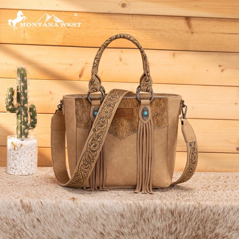 Montana West Khaki Embossed Cowhide Tote Crossbody