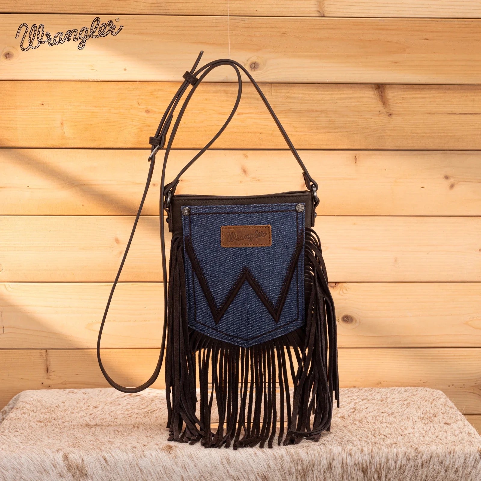 Wrangler Chocolate Denim Stitched Fringe Crossbody