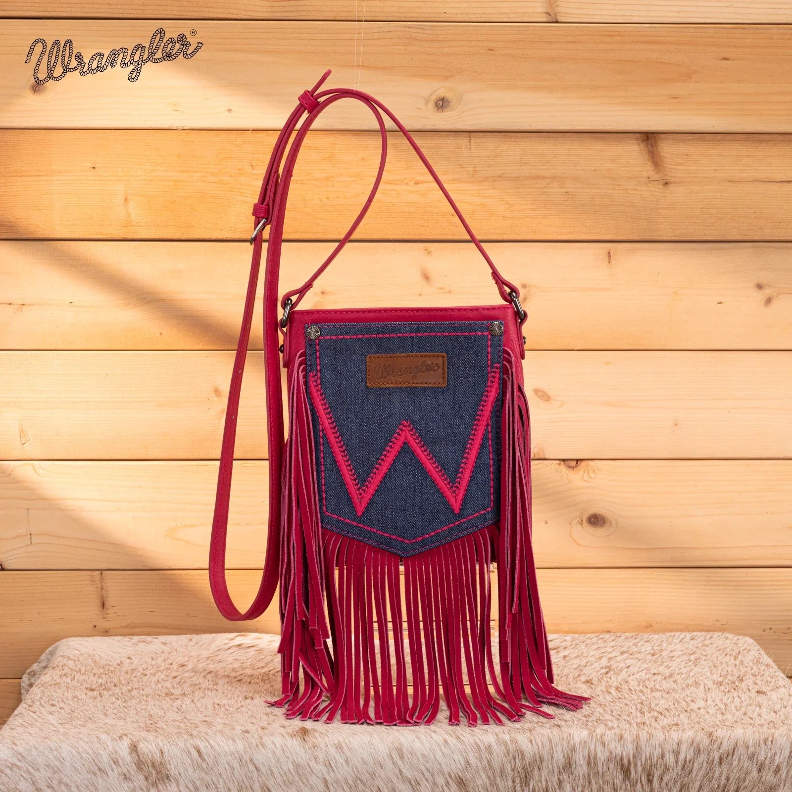 Wrangler Pink Denim Stitched Fringe Crossbody