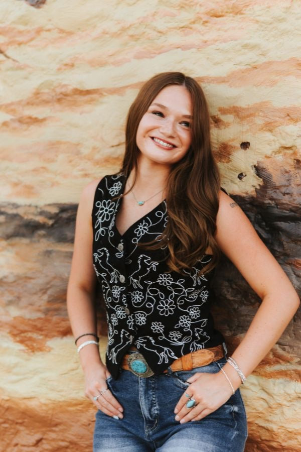 Black Floral Embroidered Concho Vest