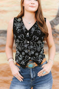 Black Floral Embroidered Concho Vest