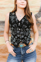 Black Floral Embroidered Concho Vest