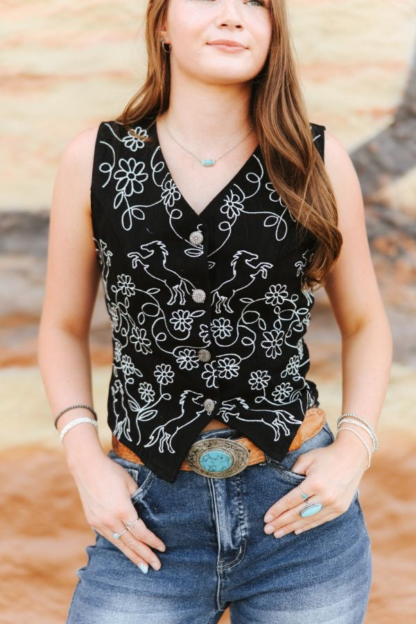 Black Floral Embroidered Concho Vest