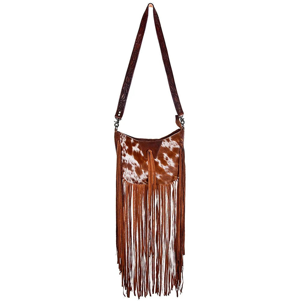 Tooled Brown Cowhide Fringe Crossbody Purse
