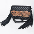 Black Tooled Quilt Fringe Crossbody Purse