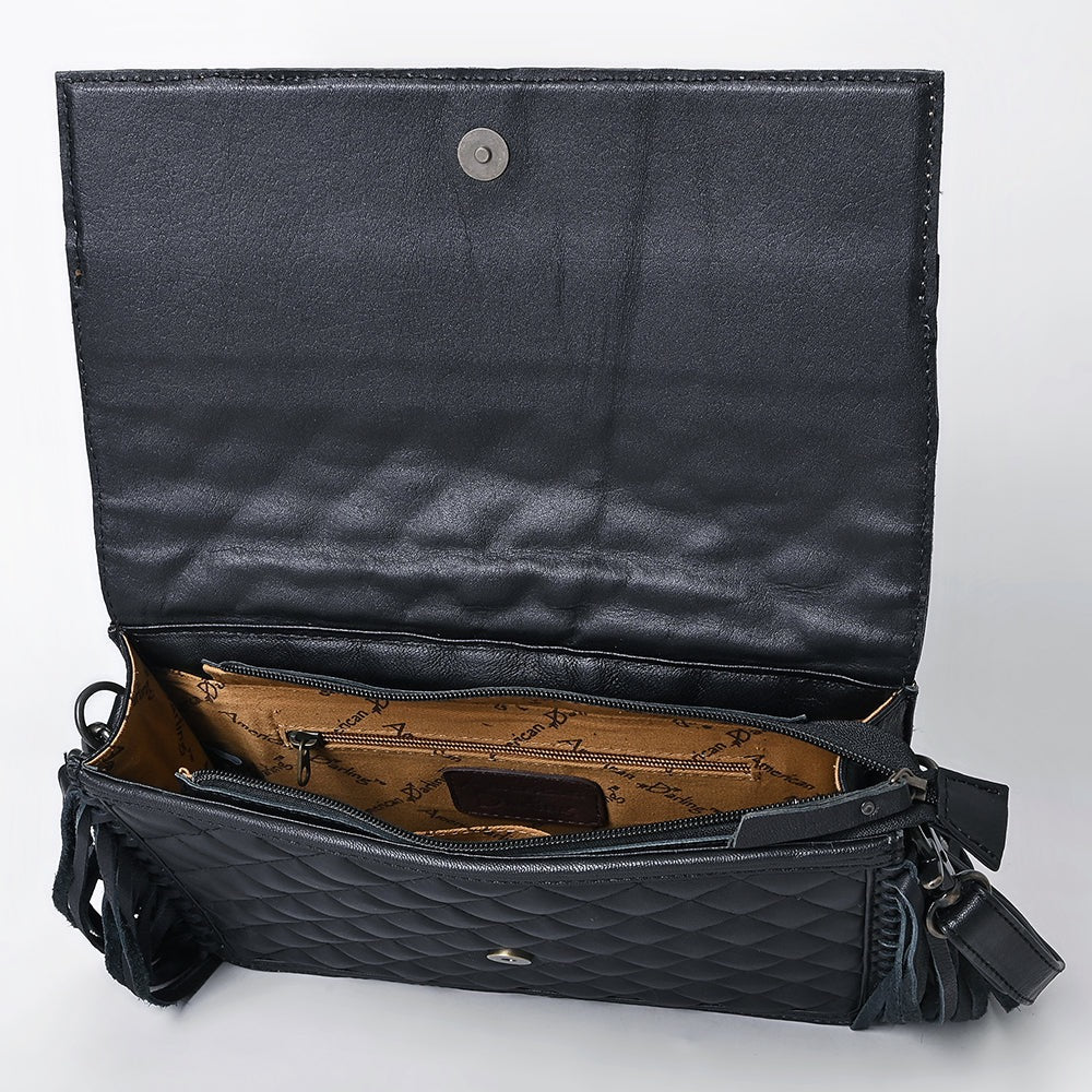 Black Tooled Quilt Fringe Crossbody Purse