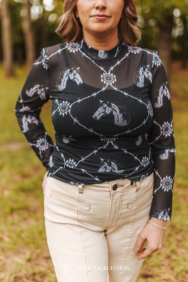 Black Barb Horse Mesh Top