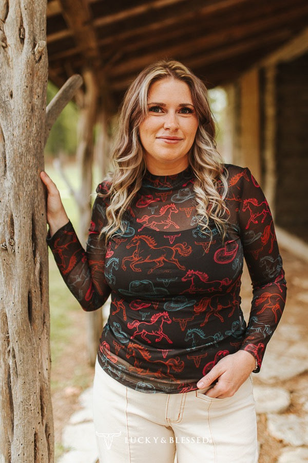 Multi-Colored Horse Mesh Top