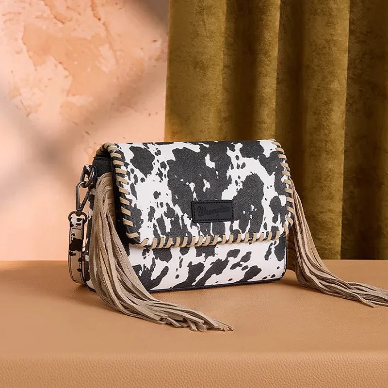 Wrangler Black Fringe Cow Print Crossbody