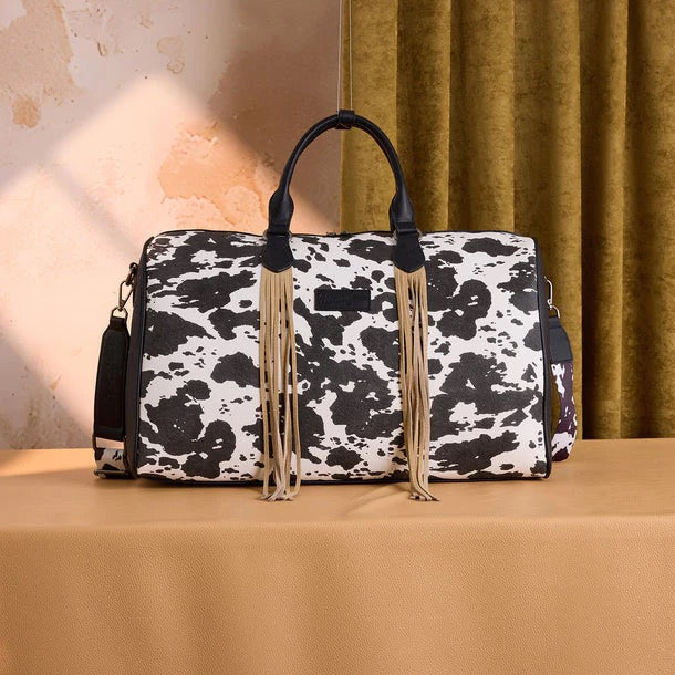 Wrangler Black Cow Print Fringe Weekender