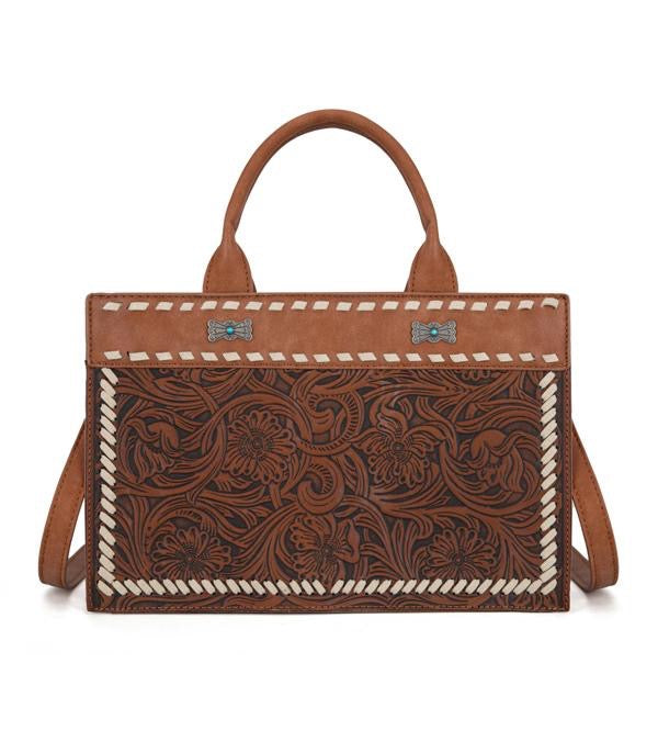Montana West Brown Embossed Ribbon Tote Crossbody