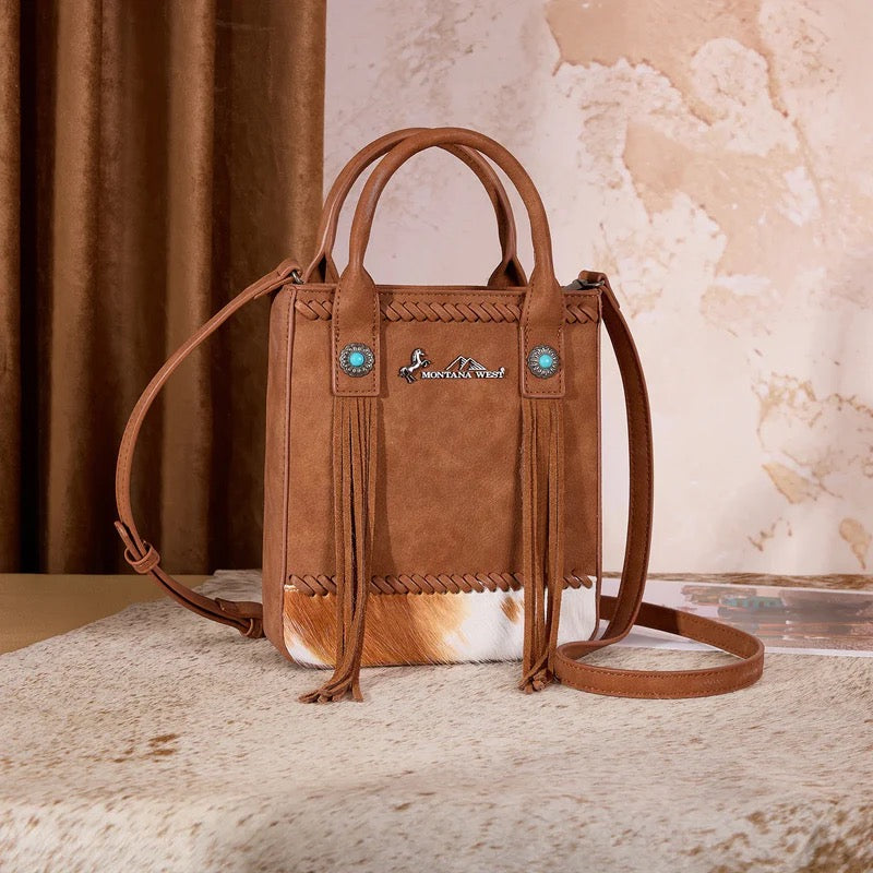 Montana West Brown Cowhide Mini Tote Crossbody