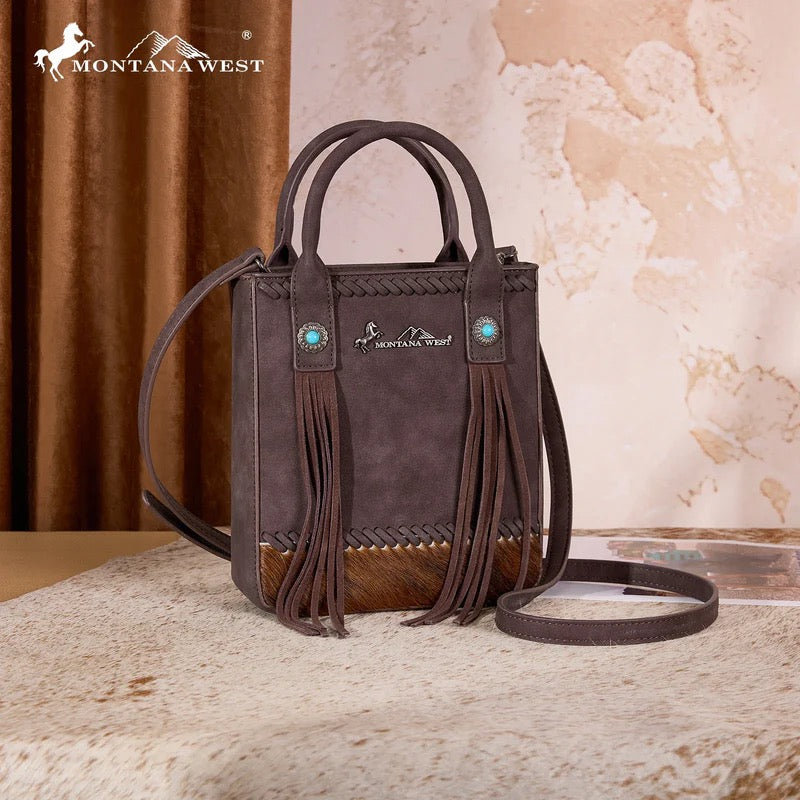 Montana West Chocolate Cowhide Mini Tote Crossbody