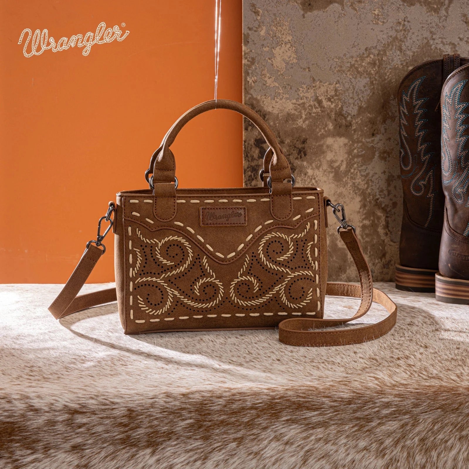 Montana West Brown Scroll Stitched Mini Tote Crossbody