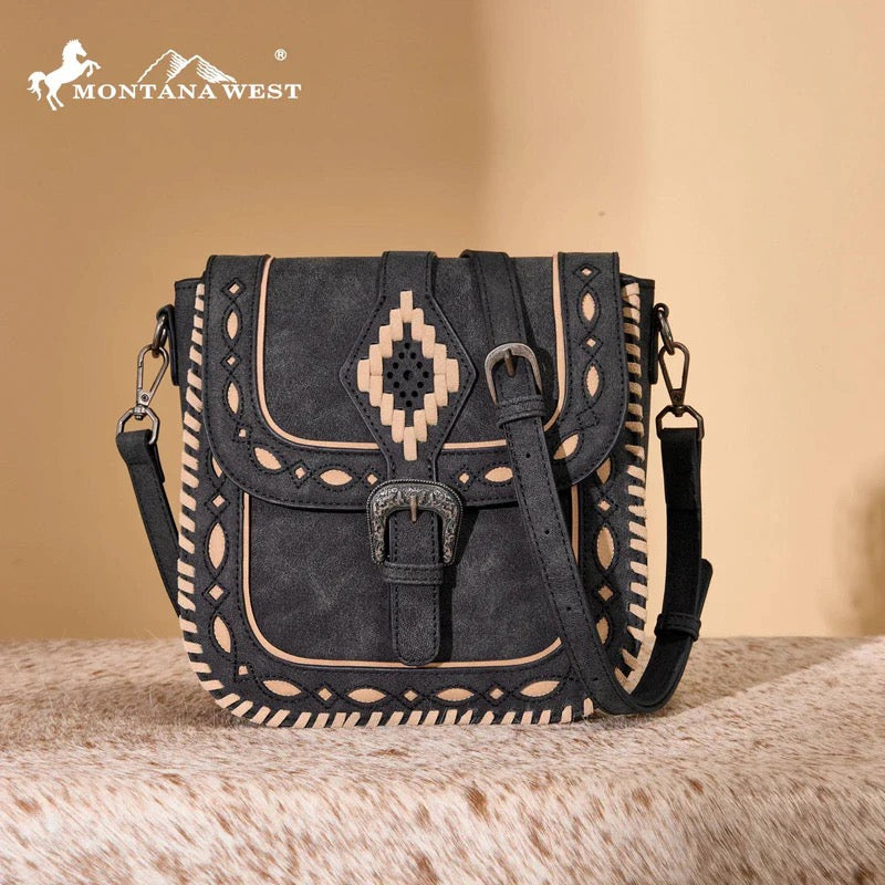 Montana West Black Aztec Stitched Crossbody Purse