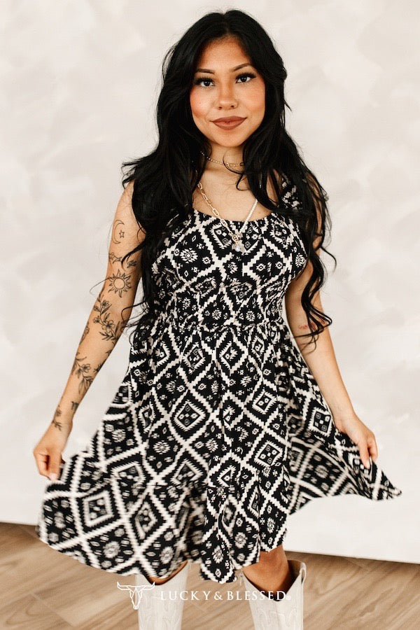 Black Aztec Flutter Dress