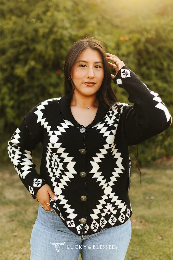 Black Aztec Button Cardigan