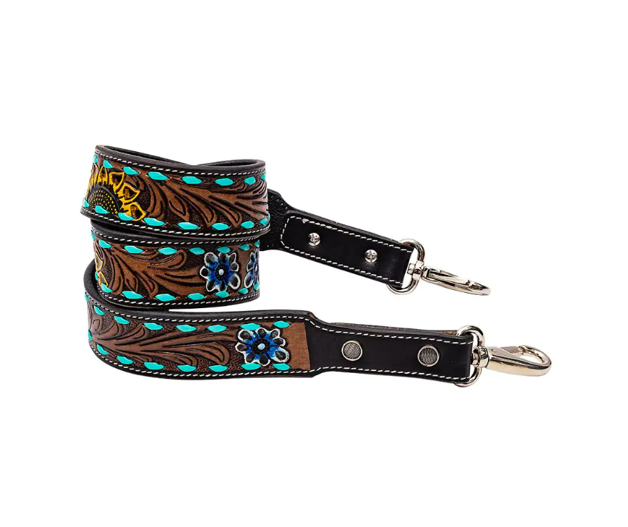 Turquoise Floral Tooled Leather Purse Strap