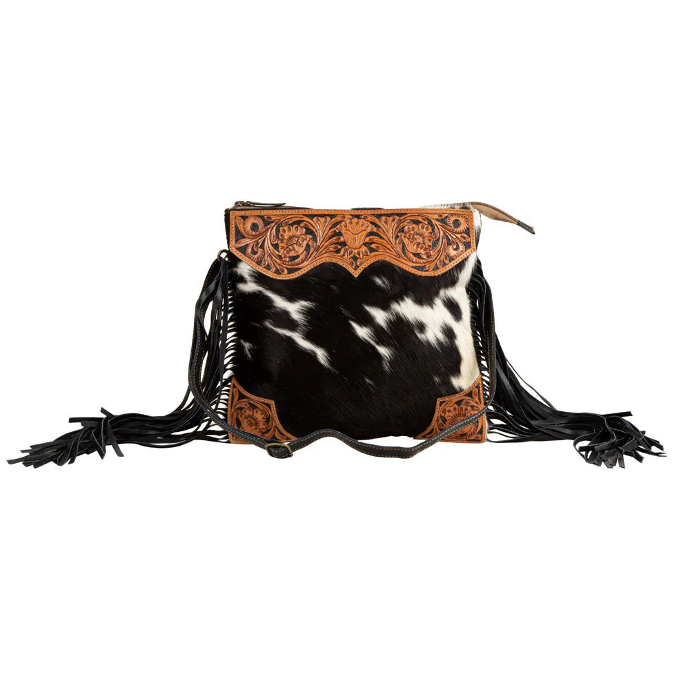 Tooled Black/White Cowhide Fringe Crossbody