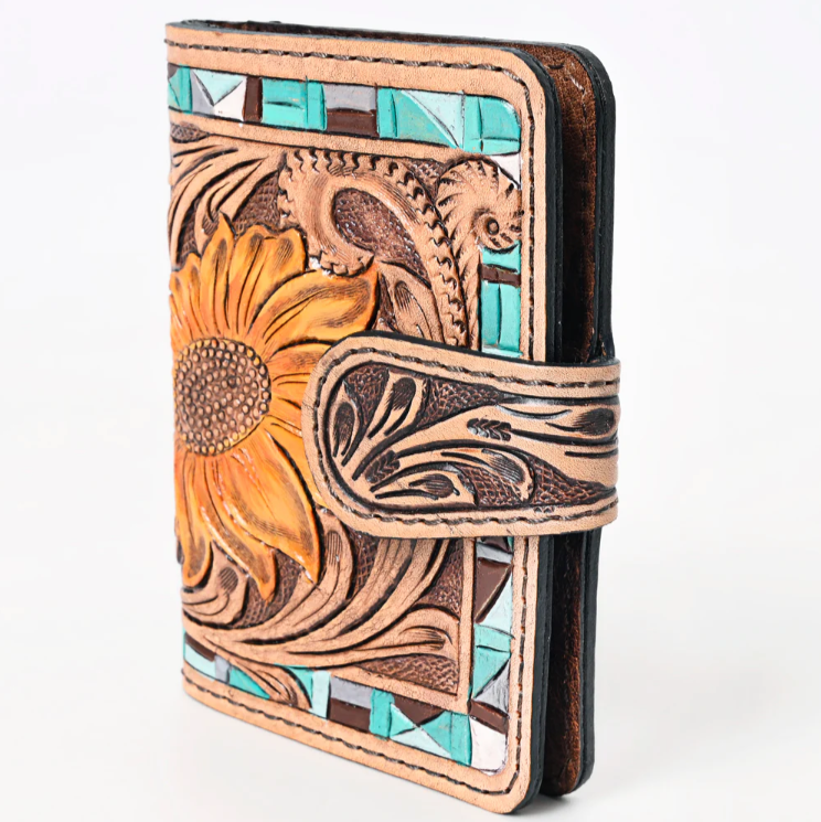 Sunflower Tooled Leather Card Wallet