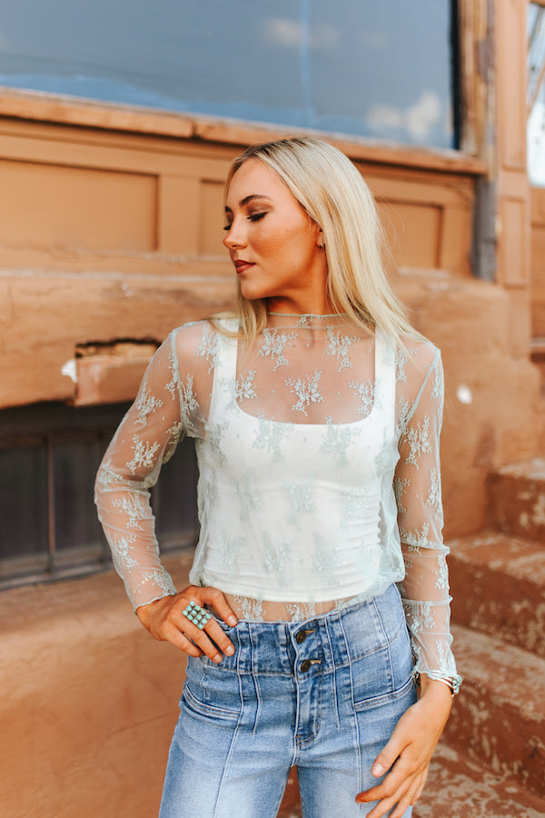 Mint Floral Long Sleeve Mesh Top