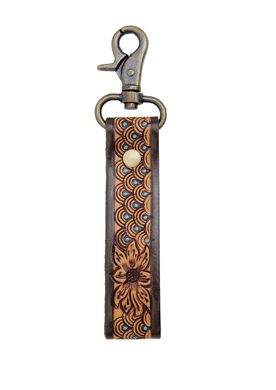 Blue Floral Hand Tooled Leather Fob