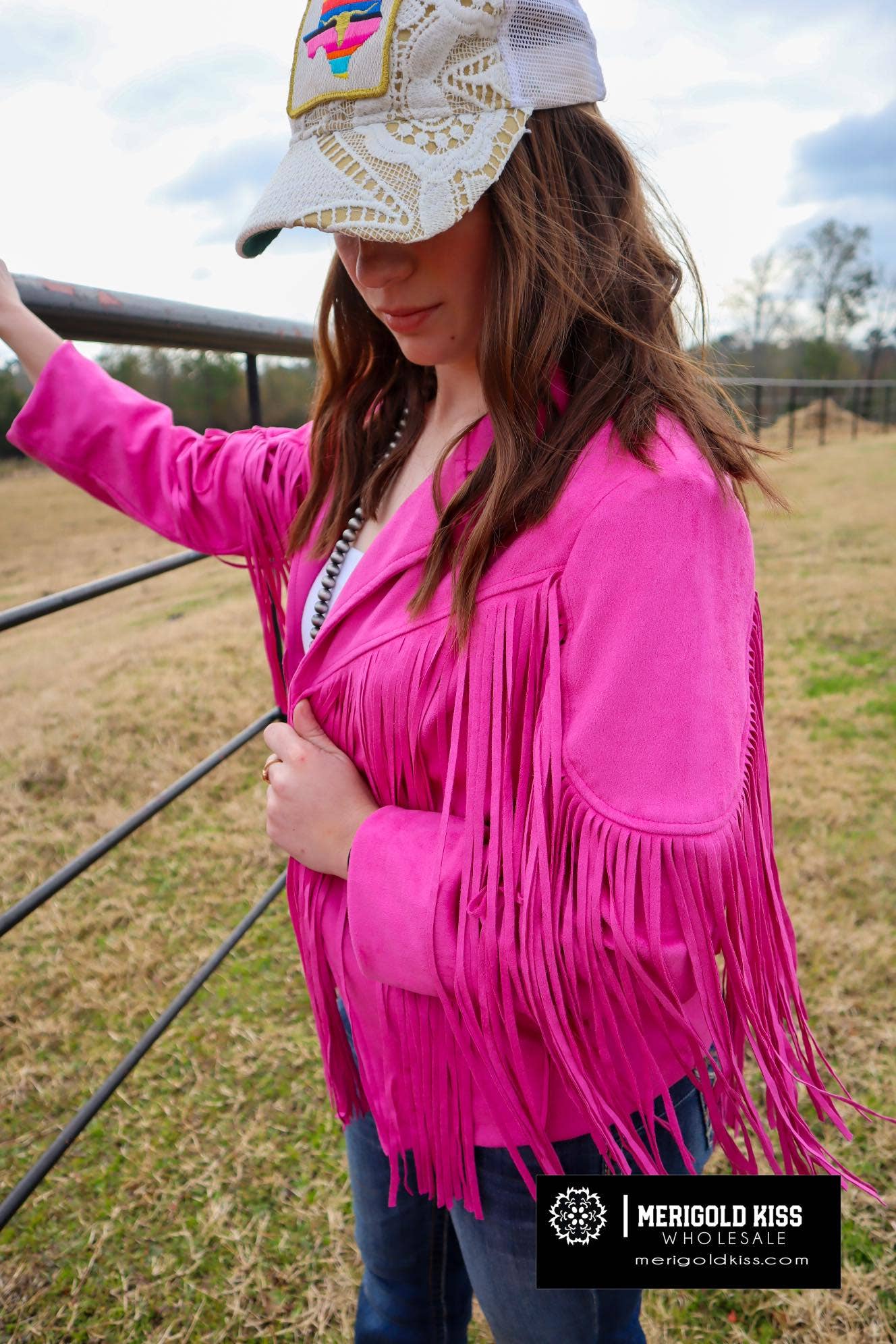 Pink Rhinestone Suede Fringe Jacket