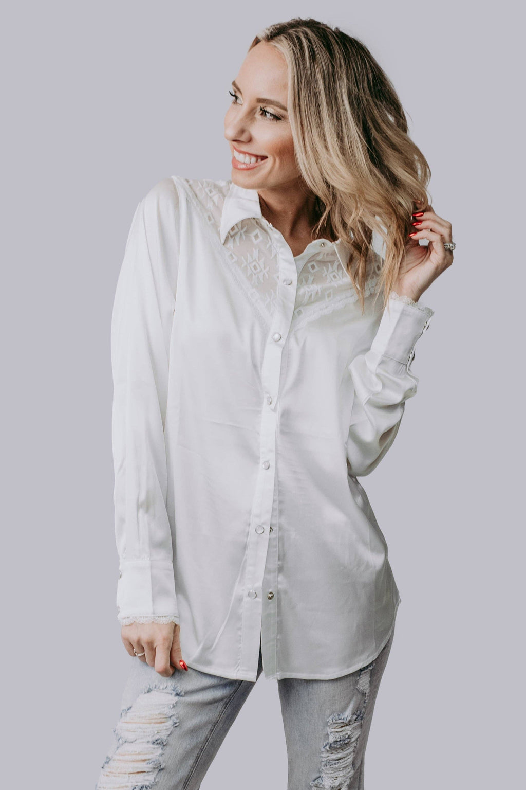 White Aztec Lace Button Up Top