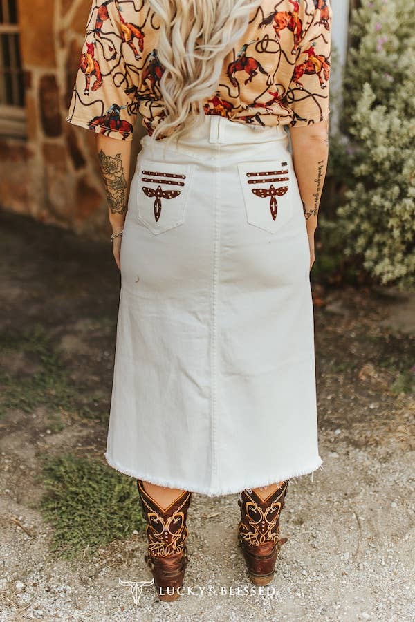 Ivory Stretch Denim Boot-Stitch Skirt