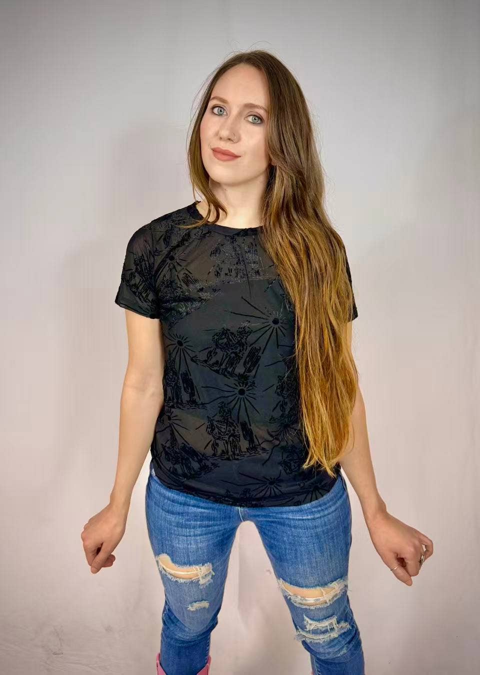 Western Burn Out Mesh Top