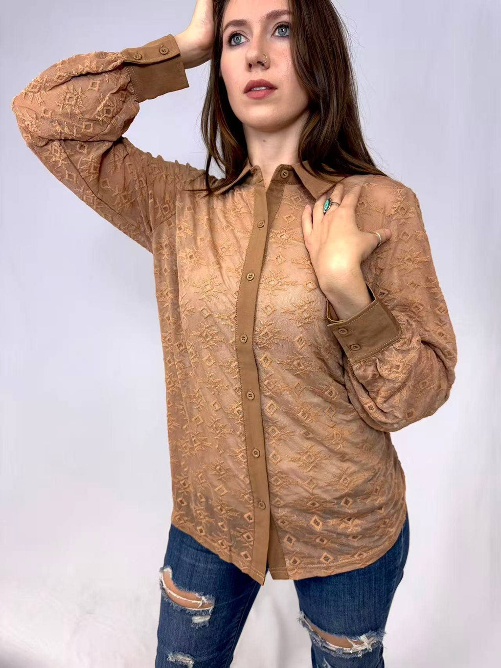 Brown Aztec Lace Button Up Top