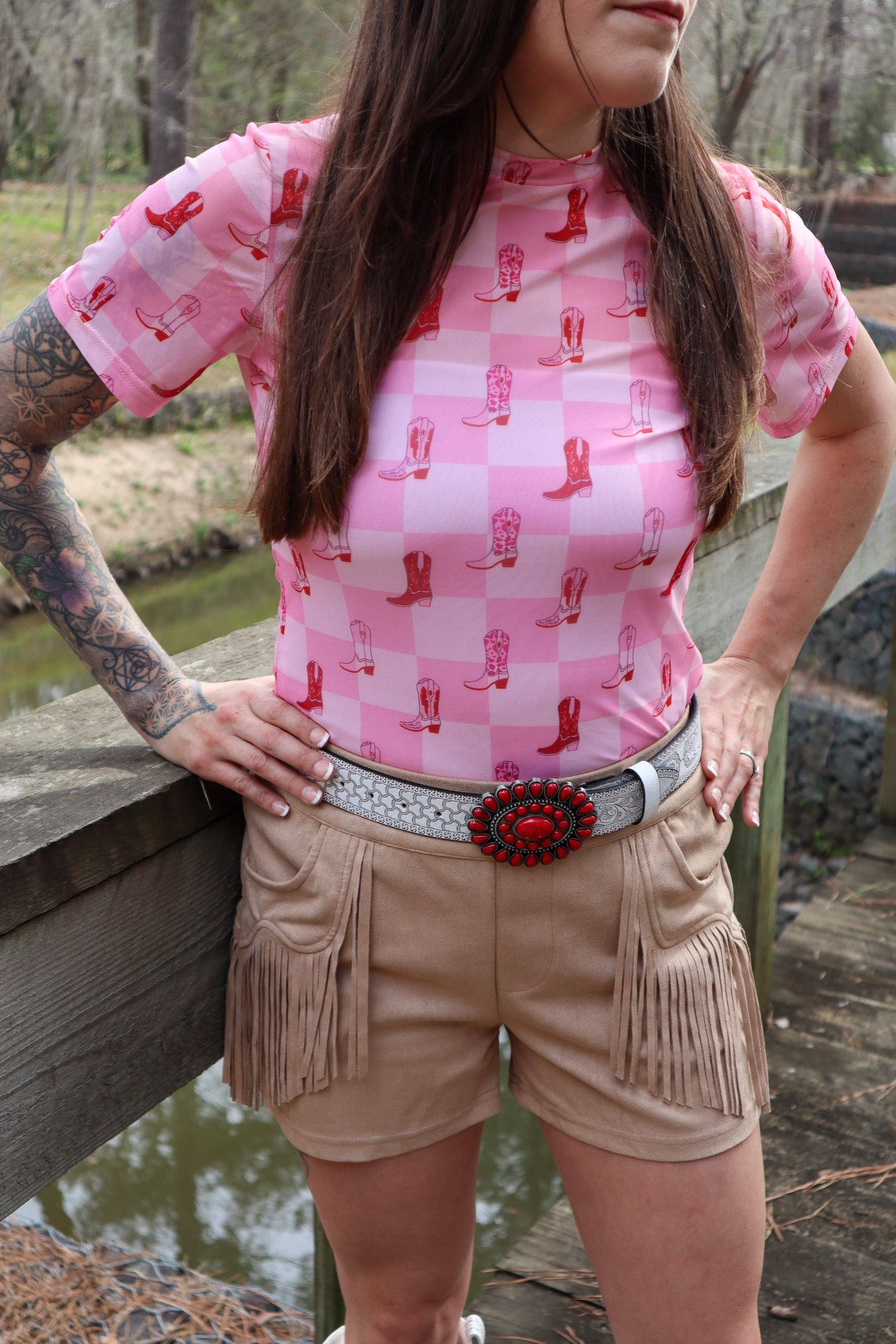 Pink Checked Cheery Mesh Top