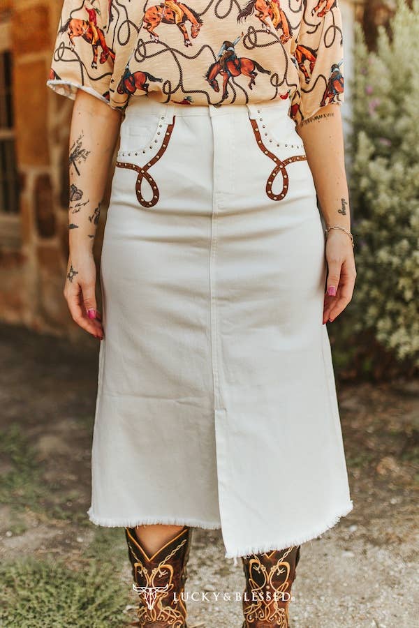 Ivory Stretch Denim Boot-Stitch Skirt