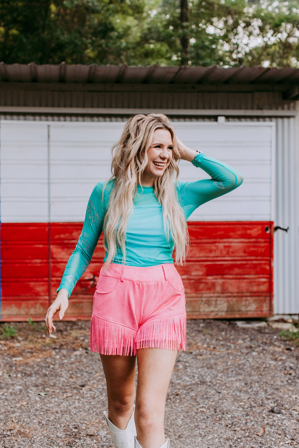 Turquoise Rhinestone Horse Mesh Top