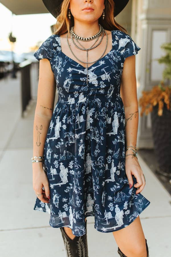 Navy Western Puff Sleeve Dress