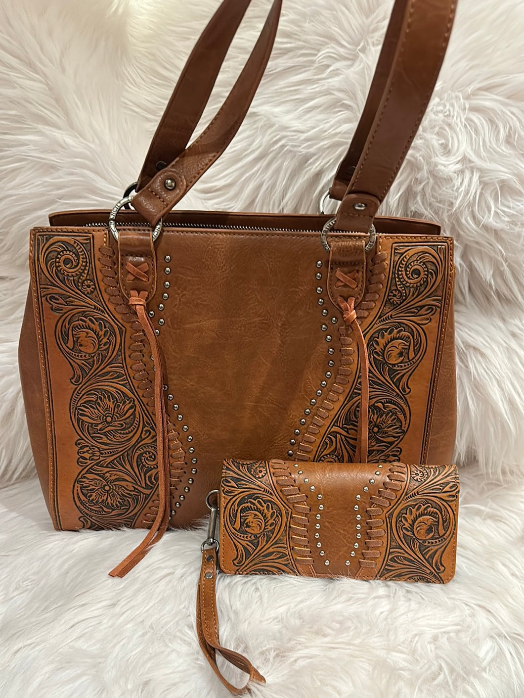 Trinity Ranch Brown Embossed Tote and Wallet Set