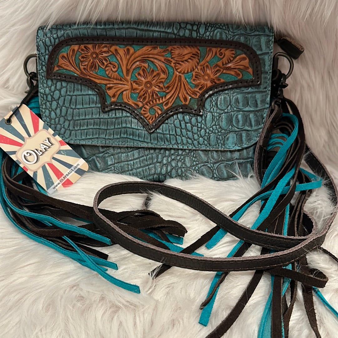 Turquoise Leather Fringe Crossbody Purse