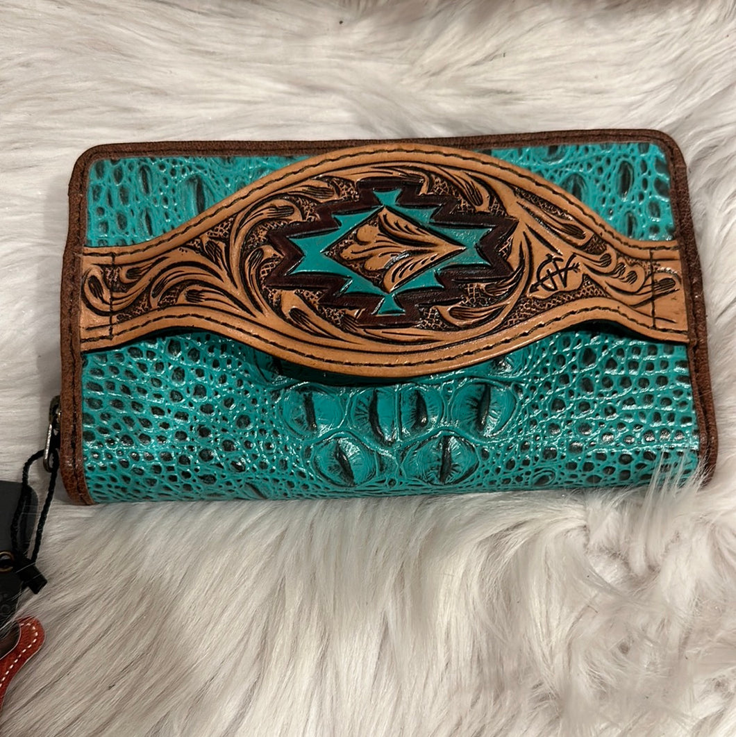 Turquoise Tooled Leather Hand Strap Wallet