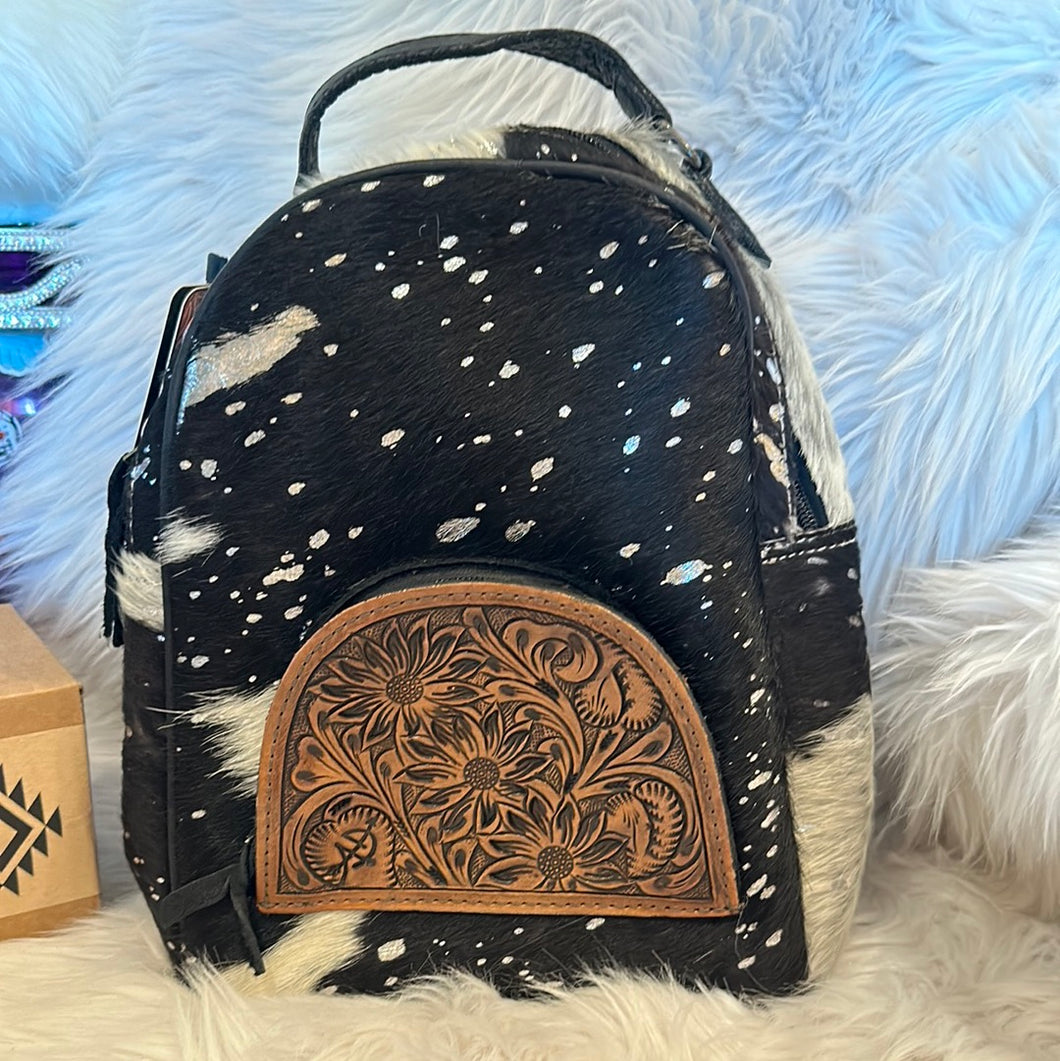 Black/White Acid Wash Cowhide Tooled Backpack