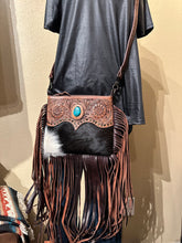 Load image into Gallery viewer, Turquoise Cowhide Fringe Crossbody
